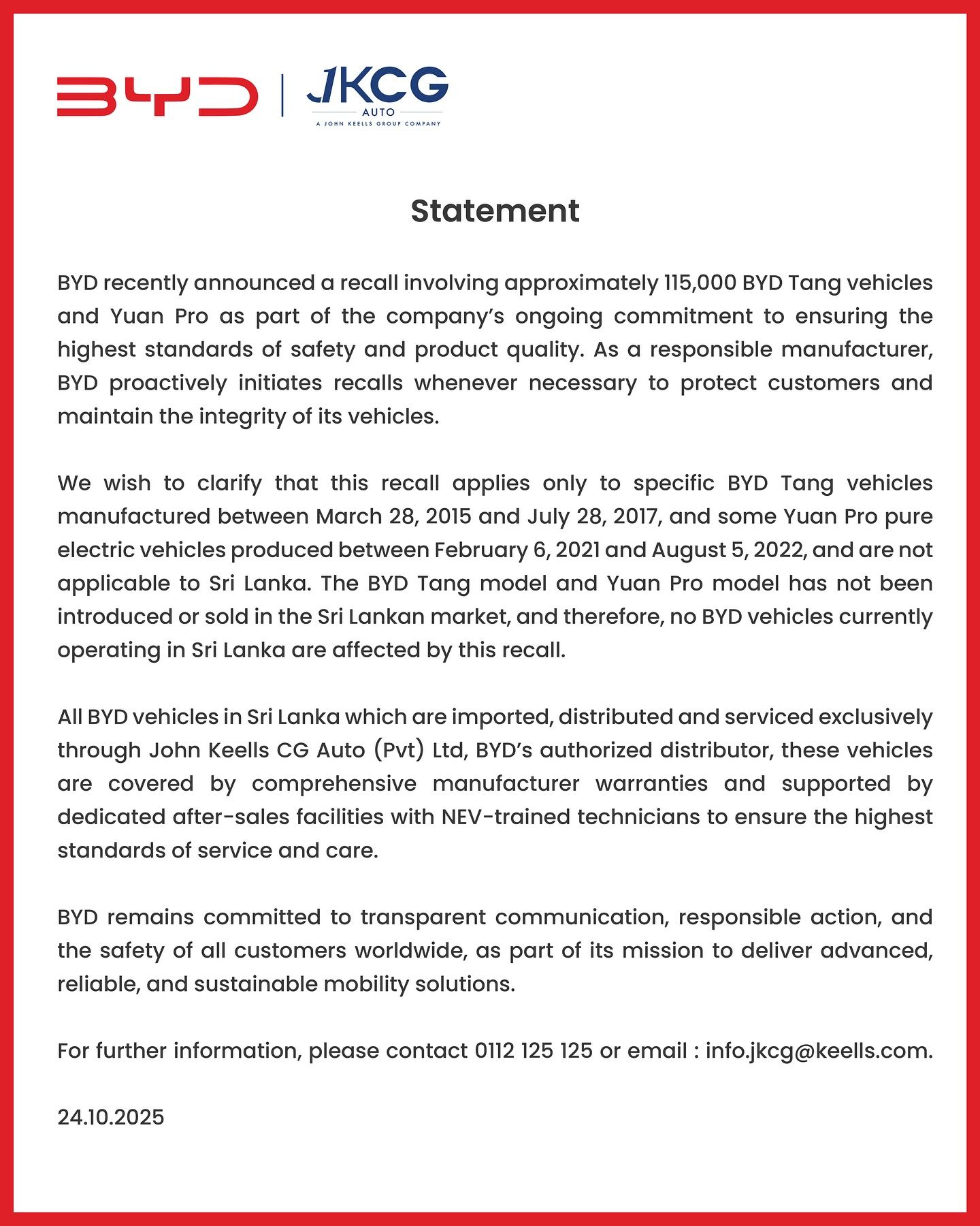BYD Sri Lanka Announcement