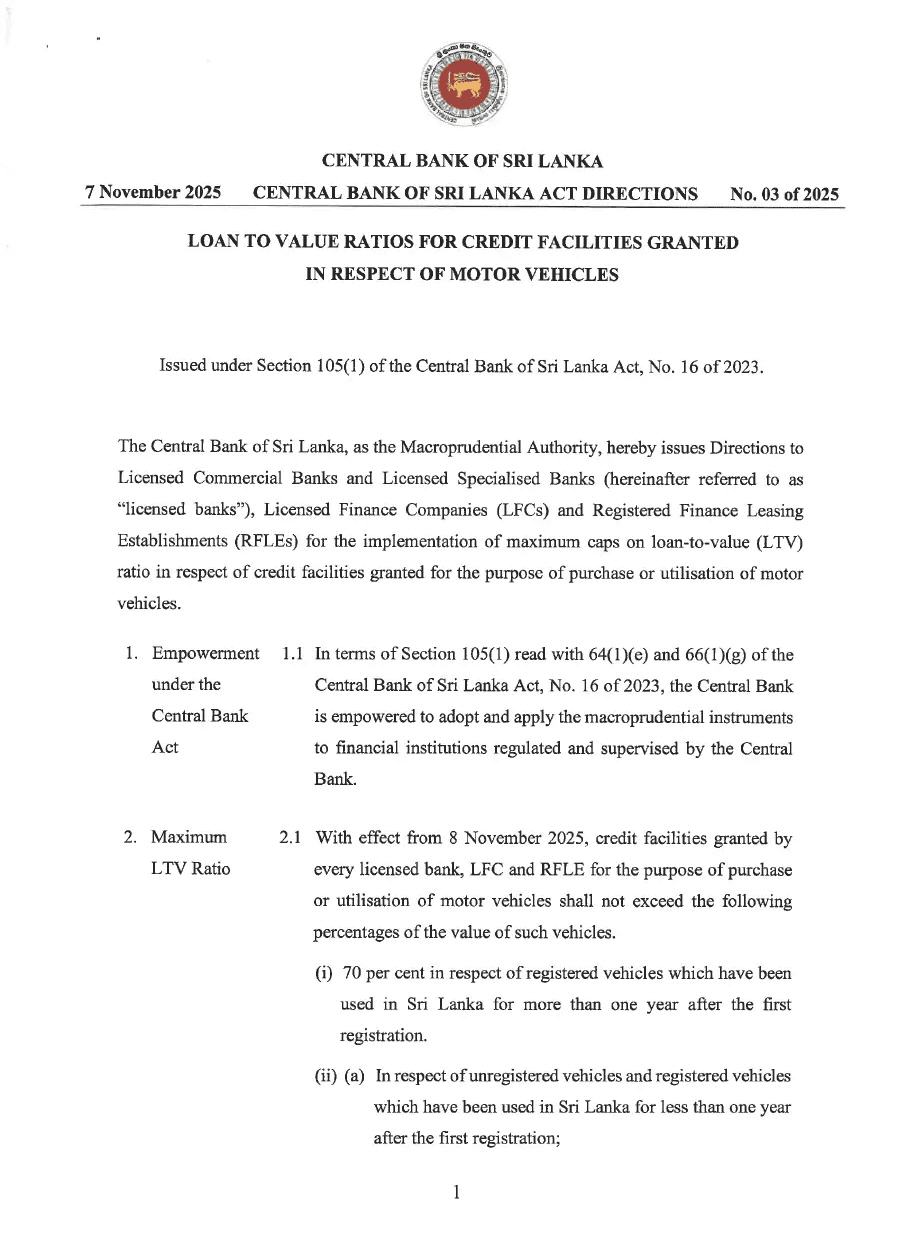 Central Bank Sri Lanka leasing update 1
